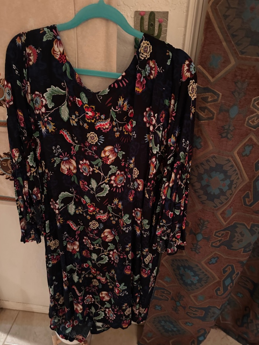 Women's Navy Chicos Floral 3/4 Sleeve Dress Crinkle Material Size XXL New